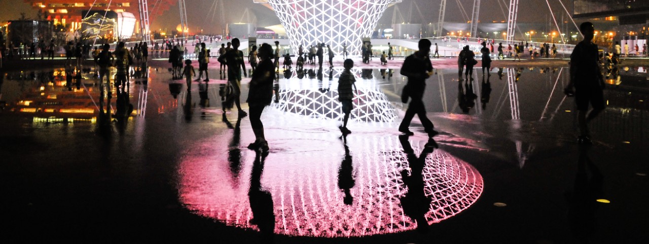 Night scene of Expo Axis in Shanghai, China.