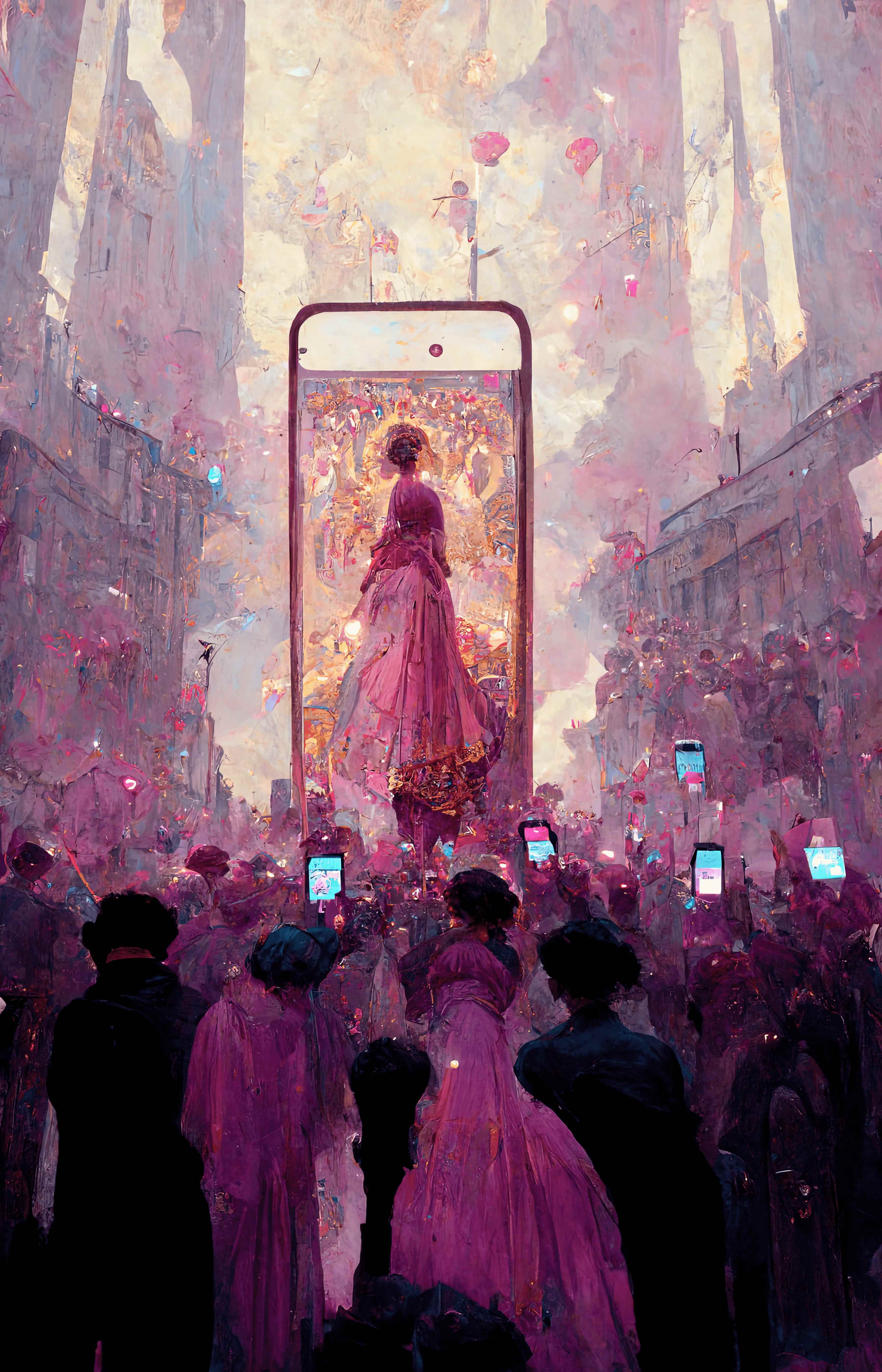 A painterly illustration of a crowd gathered in the streets to view a towering smartphone. On the phone is a person in a turn-of-the-century gown flowing in magenta, who is facing away from the crowd. We see the glow of blue smartphone screens as the crowd raises their phones to record what's going on. Tall buildings frame the center—dark blue, purple, and magenta frame the bottom. A light cream and pink glow come from clouds in the sky as rose petals fall around. 