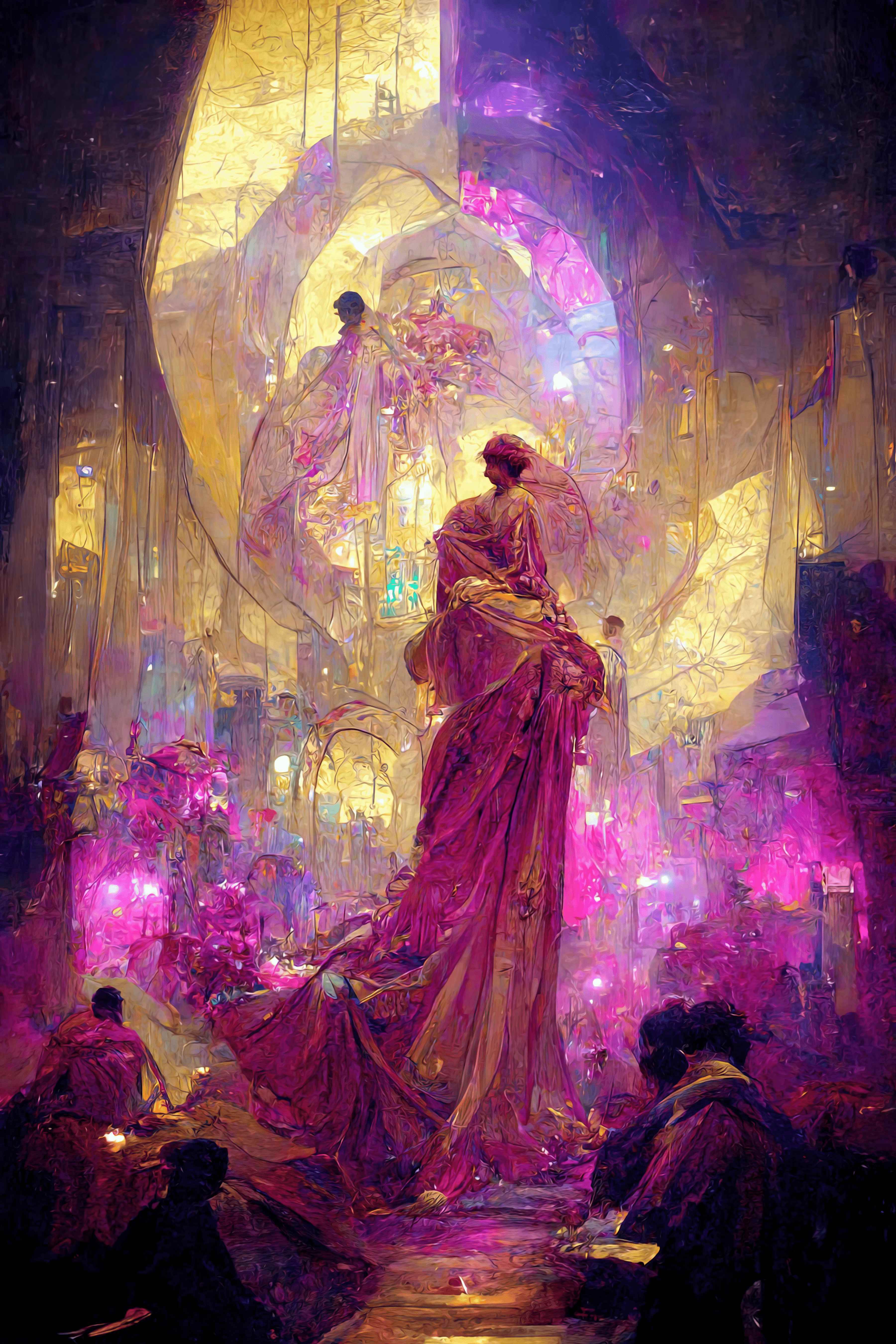 A painterly illustration of an elegantly dressed figure wearing a long dress that trails behind them. The person starts up at the gold lights that glitter in the distance, the tops of an abstract city. Around the base of the composition, we see the people following the central figure. Magenta lights illuminated the ground. 