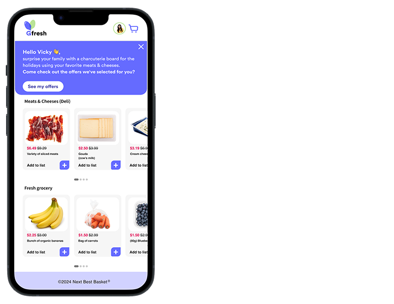 Smartphone screenshot with a personalized greet in a grocery app.