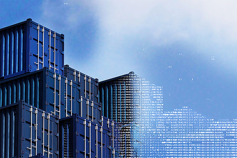Stacked shipping containers with AI data overlays representing future interconnected AI systems in transportation, logistics, and defense.