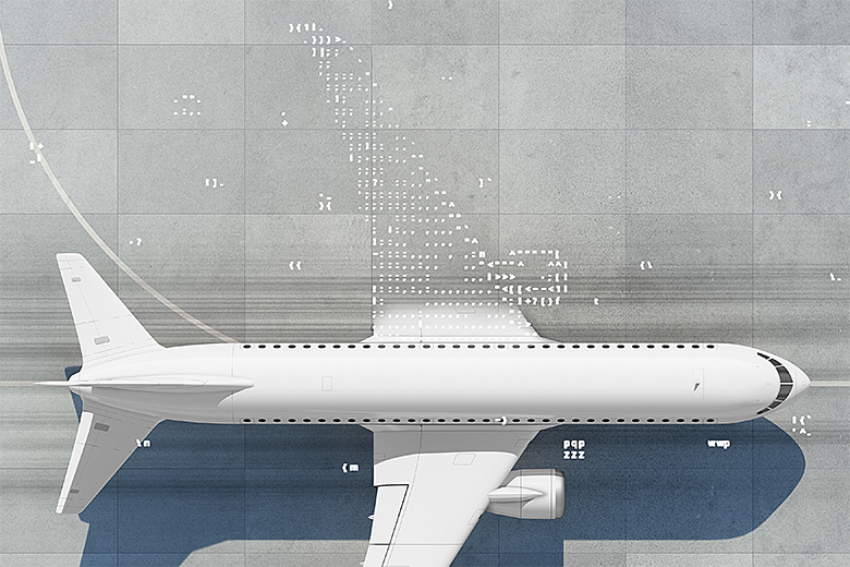 Overhead view of a commercial aircraft with AI data overlays symbolizing how CEOs can implement AI in transportation, logistics, and aviation.