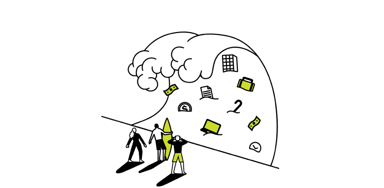 A tidal wave tossing money, goods, and a building