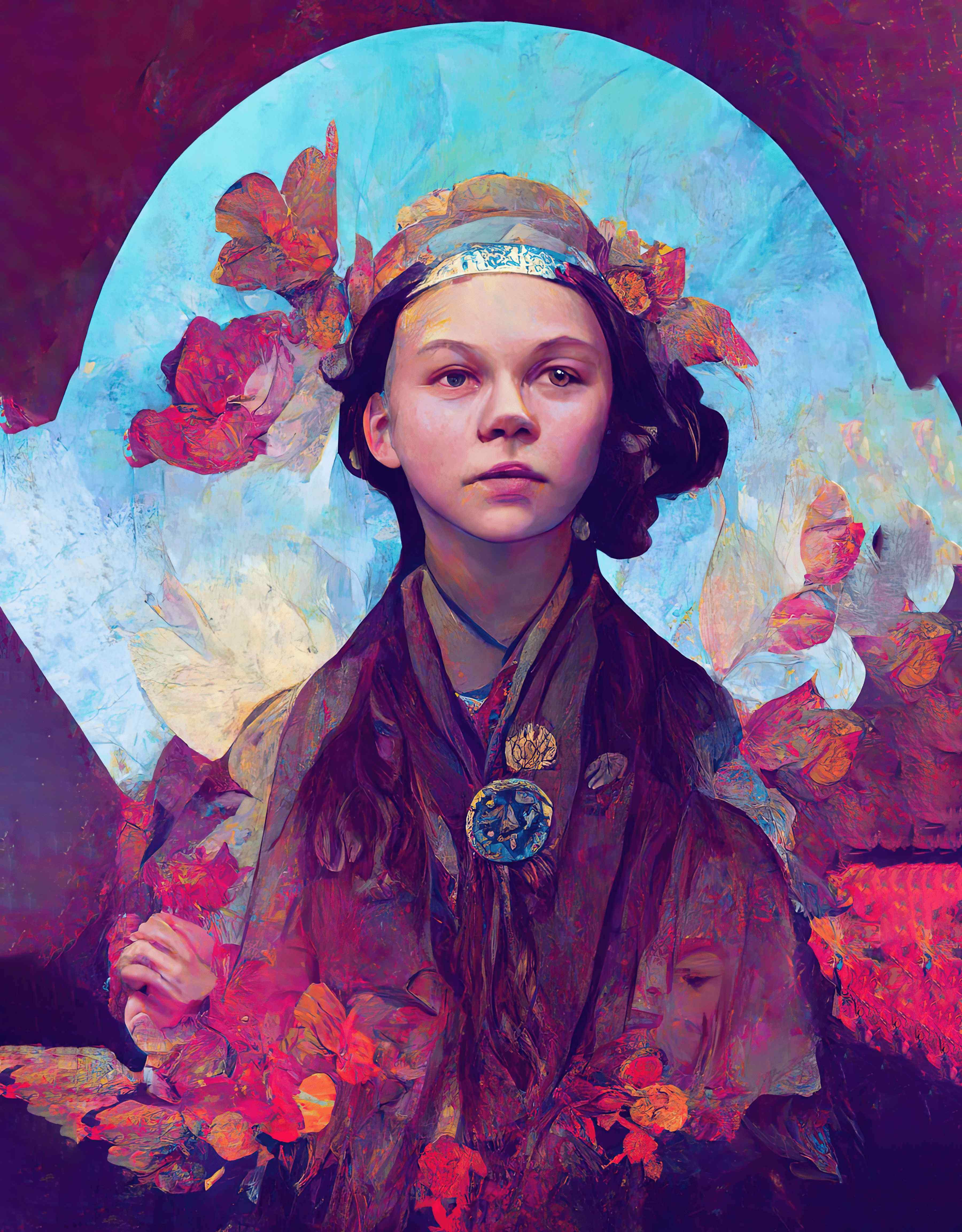 A painterly illustration of a young girl's face cropped to show the chest and heads. Abstract colors swirl around. A vibrant blue circle vignettes her head; the background has magenta brush strokes that look like flower petals. The girl's hair is tied to one side. She is wearing a headband; a medallion; and is draped in an earthy poncho.
