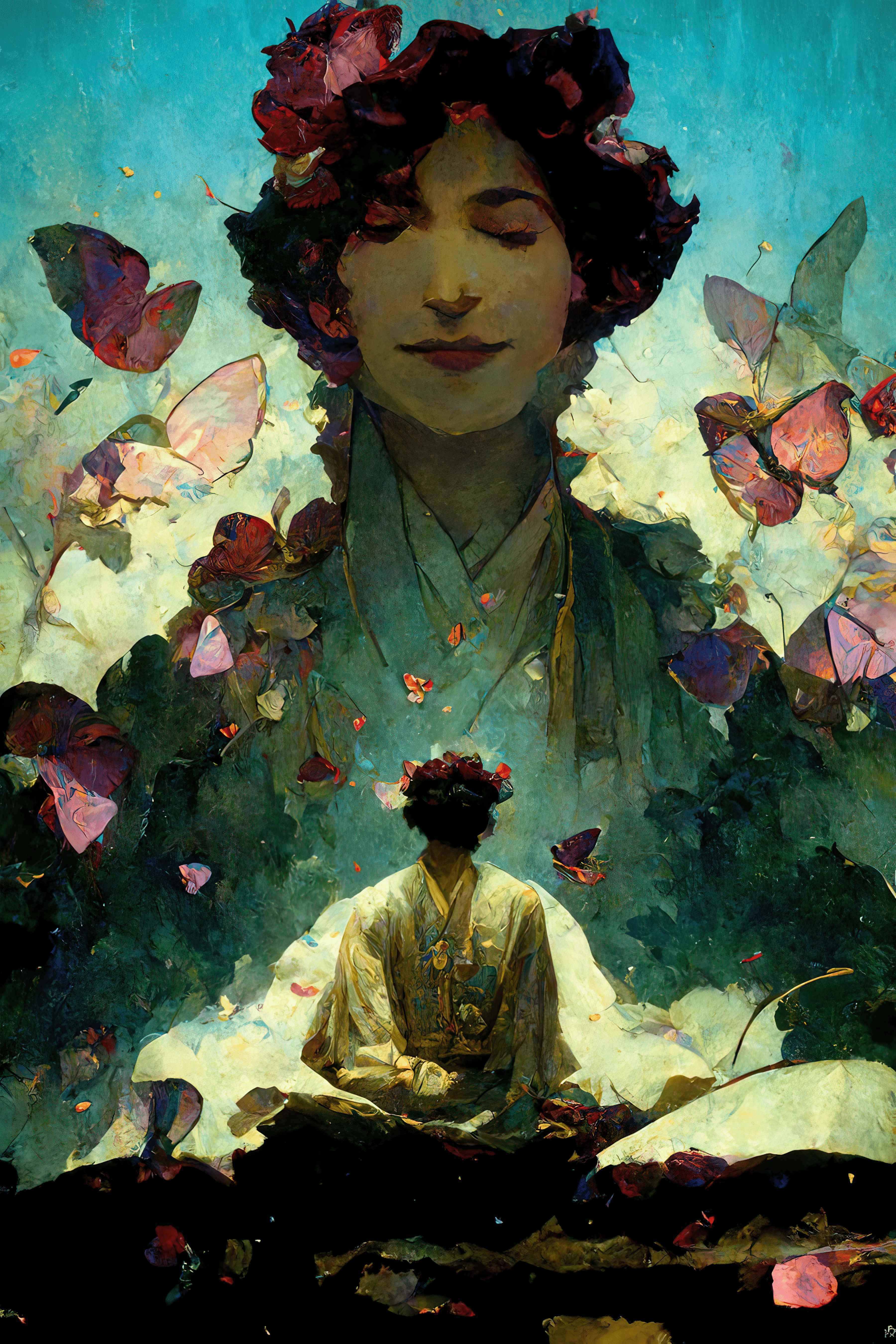 A painterly illustration of a large face floating above someone meditating. The large face is peaceful and smiling with flowers in their hair. At the bottom of the picture, a person meditating is wearing flowing robes of cream and gold. The color palette is muted with mint greens and pastel blues. Large magenta butterflies are on either side. The scene is peaceful. 