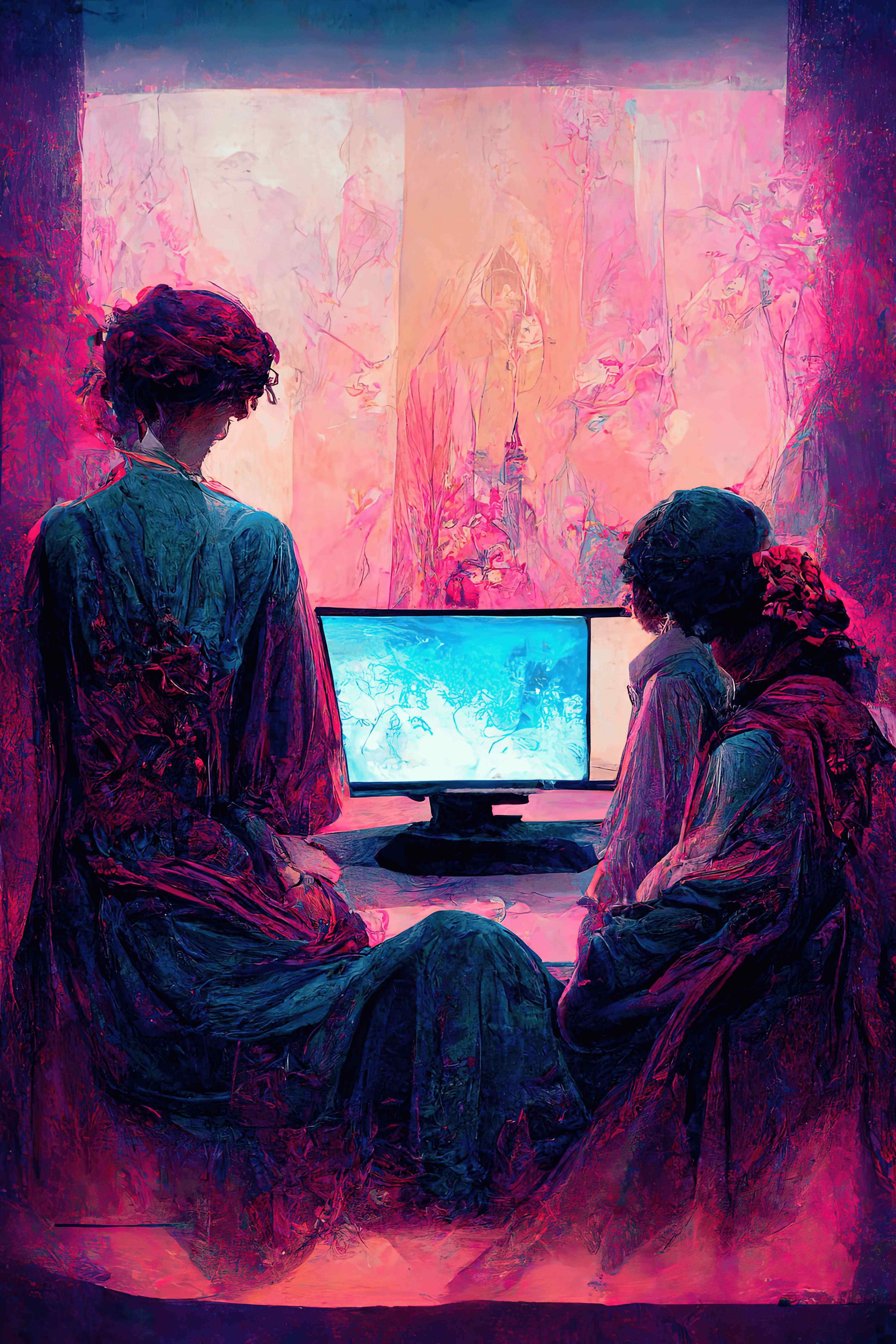 A painterly illustration of two people looking at a pair of monitors. The screens glow vibrant icy blue. We see the two people from behind; the one on the left is standing, and the one on the right is sitting. Strokes of vibrant abstract color illuminate the darker silhouettes in the background. The background is light pink and magenta. 