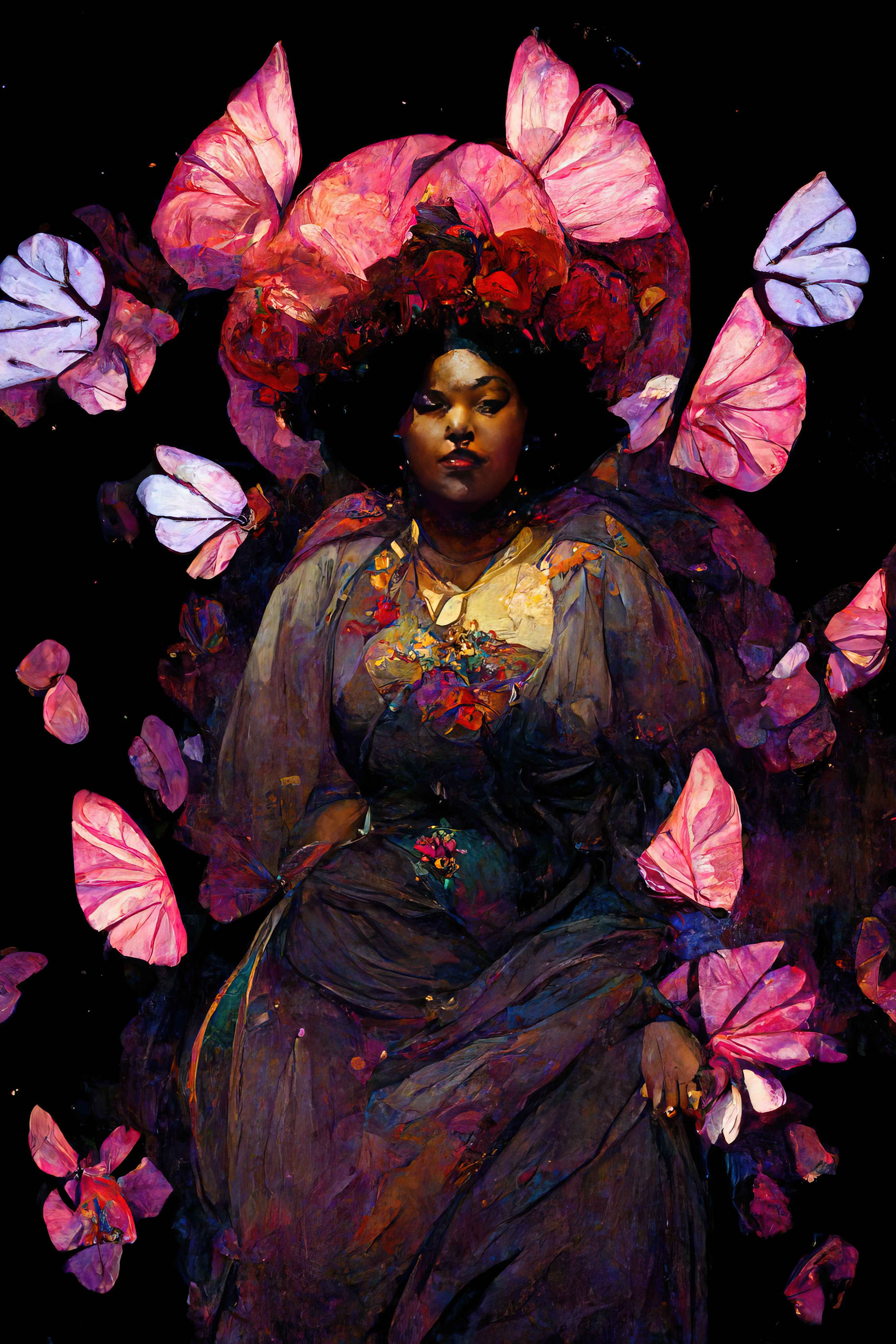 A painterly illustration of a black woman. Her eyes are closed while magenta butterflies float around her on a dark background. She wears a crown of roses. The woman's hands are at her sides. She is wearing an elegant and formal flowing dress with specs of color throughout. She looks proud. 