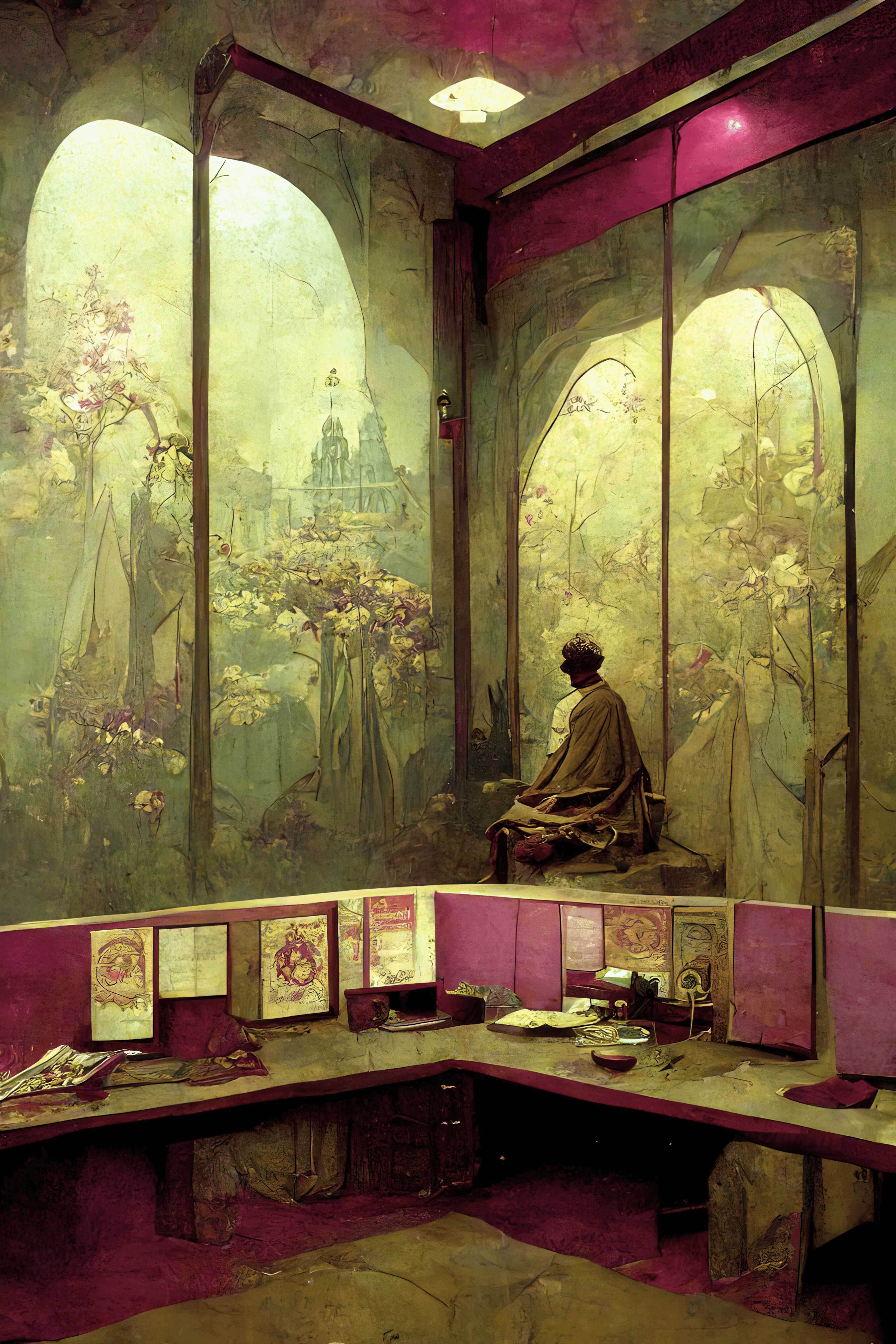 A painterly illustration of abstract office space. An empty corner cubicle sits with items and posters on the dividers. The wall is covered in wallpaper that depicts a fantastic scene. In the scene, a figure meditates in a forest with castles in the background. The wallpaper feels like a fantasy world. A fluorescent office light shines from the ceiling. 