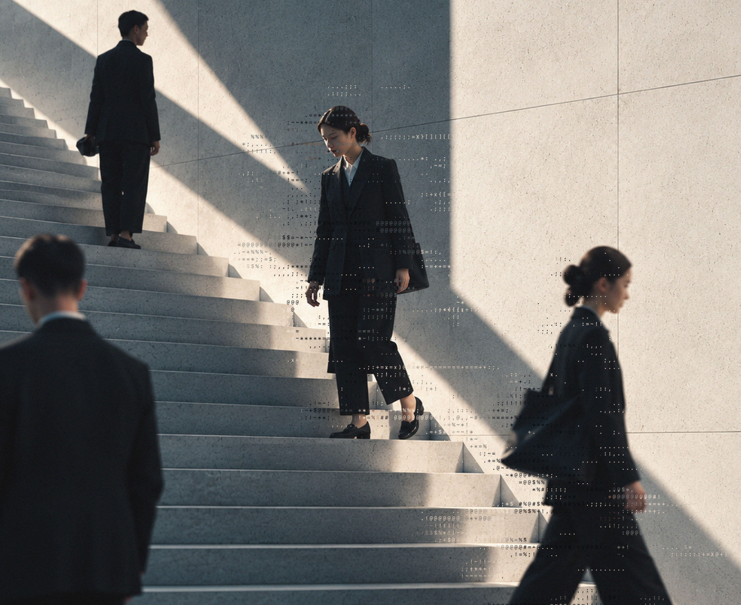 Businesspeople moving along geometric concrete stairs in strong light and shadow