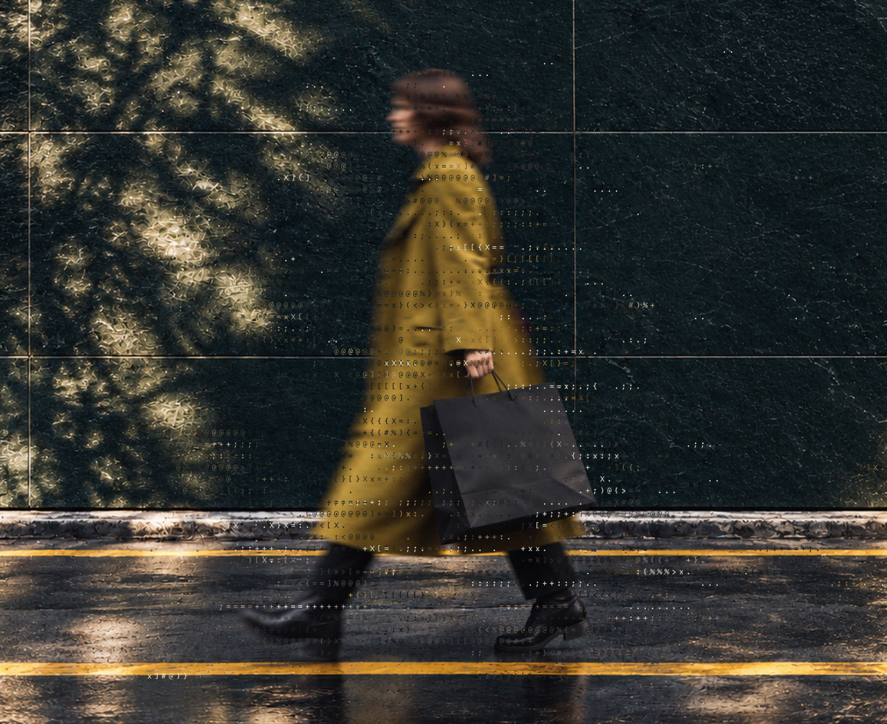 A person moving through a city street, overlaid with a digital figure made from characters
