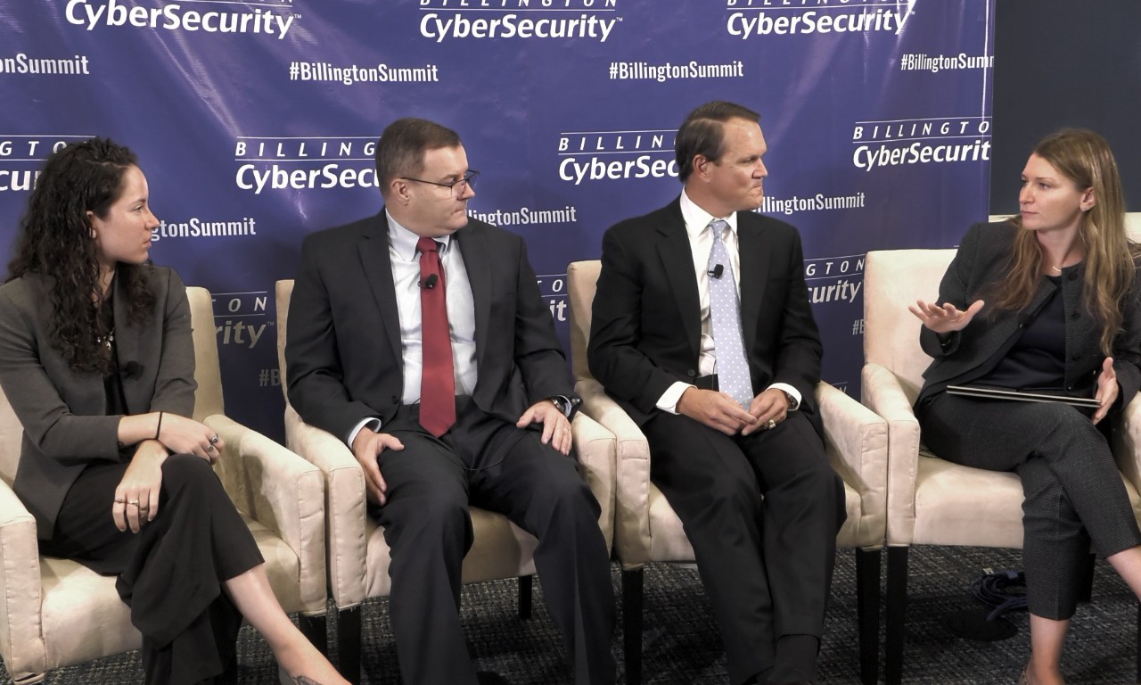 Oliver Wyman Principal Elizabeth Southerlan (far right) leads a panel discussion on telehealth and cybersecurity with Jamie Baker of Amazon Web Services, Joseph Stenaka of the Veterans Administration, and Jessica Wilkerson of the Food and Drug Administration.