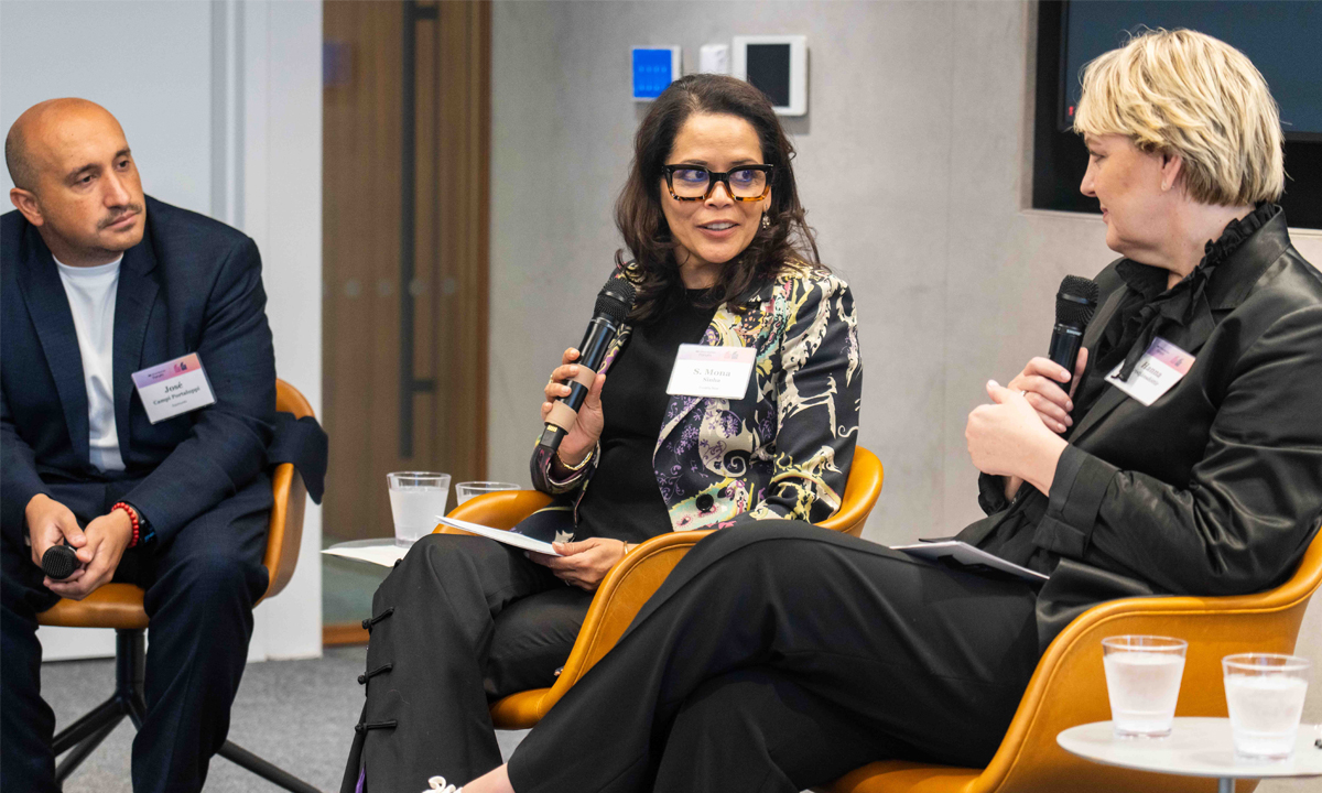 S. Mona Sinha (center), global director of advocacy group Equality Now, talks with Reykjavik Global Forum Chair Hanna Birna Kristjánsdóttir (right) and José Campi Portaluppi  of Equimundo at a roundtable on gender inclusion.