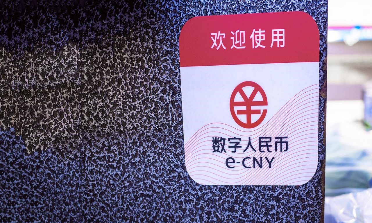 A supermarket outside Shanghai displays a sign showing it accepts the e-CNY, a digital yuan that Chinese authorities are currently testing.