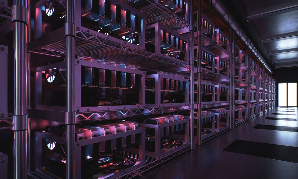 Inside a data center for cryptocurrency mining with endless racks of CPU and motherboards. Processing the exchange of digital coins.