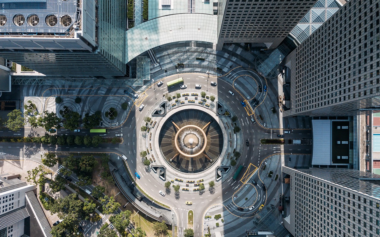 Top view of the Fountain of Wealth as the largest fountain in the world at Singapore. It is located in one of Singapore largest shopping malls.