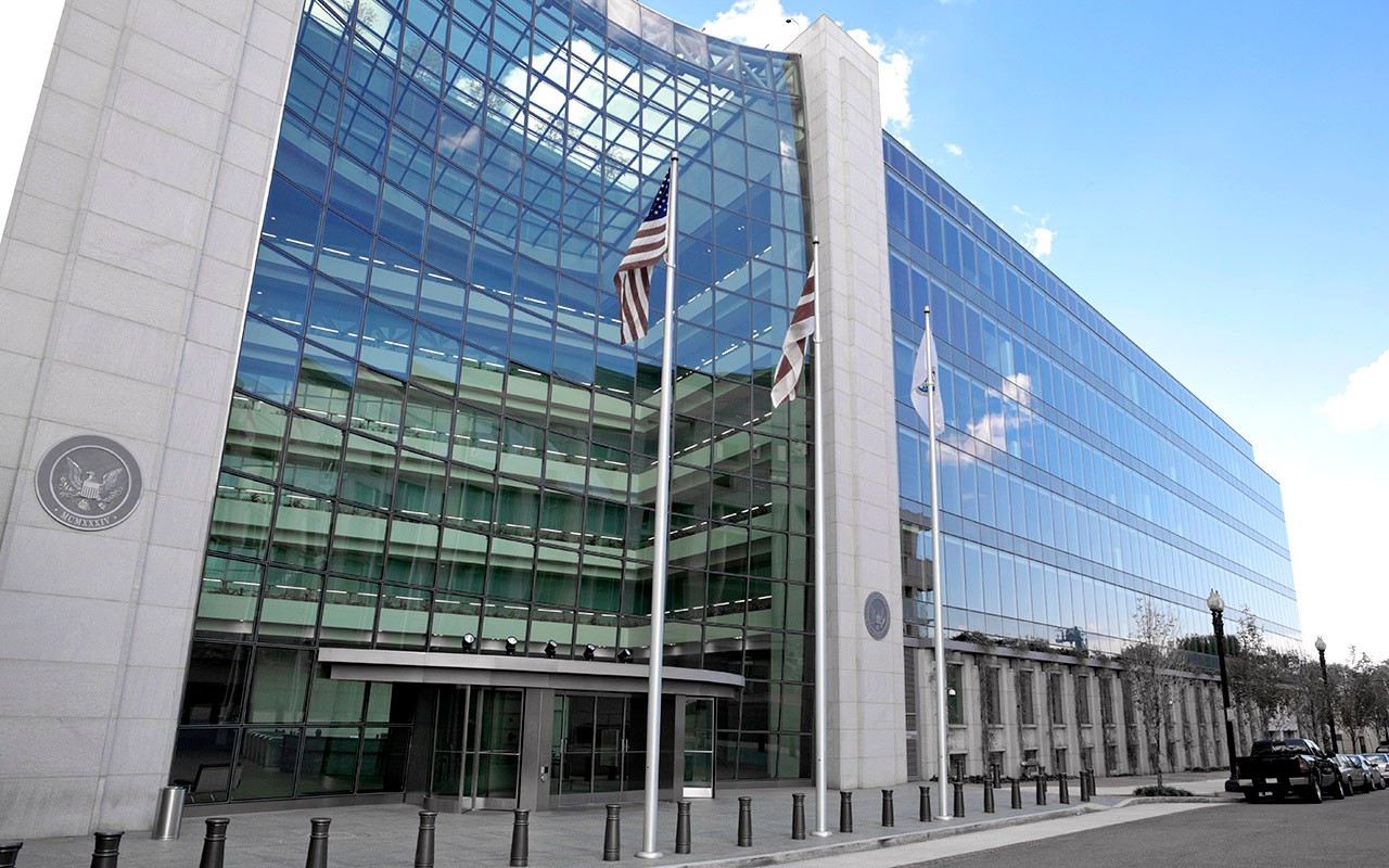 Securities and Exchange Commission, SEC, Building in Washington DC.  The SEC regulates stocks and bonds and related financial activities.  