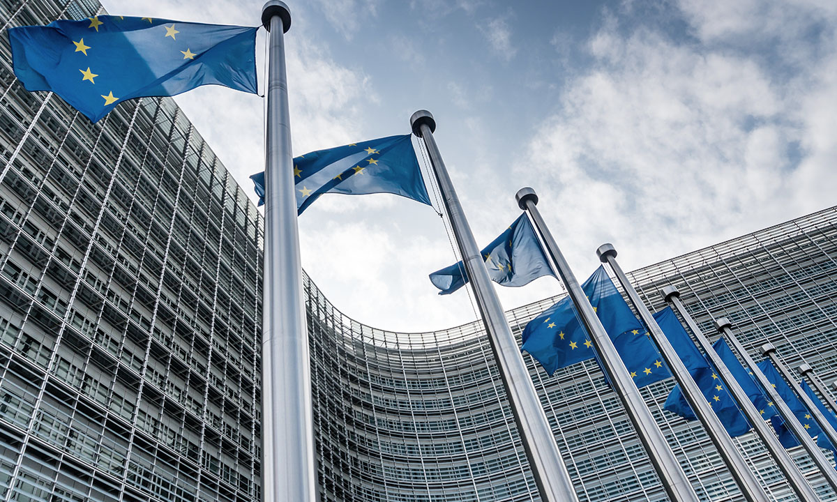 Flags fly in front of the European Commission headquarters in Brussels.