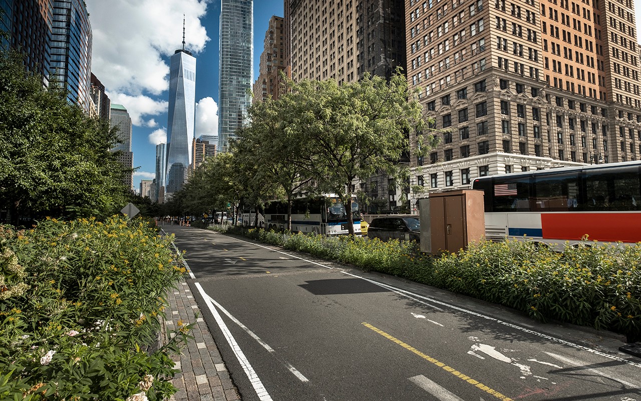 Bicycle and pedestrian pathway in the financial district by battery Park in lower Manhattan New York City USA
